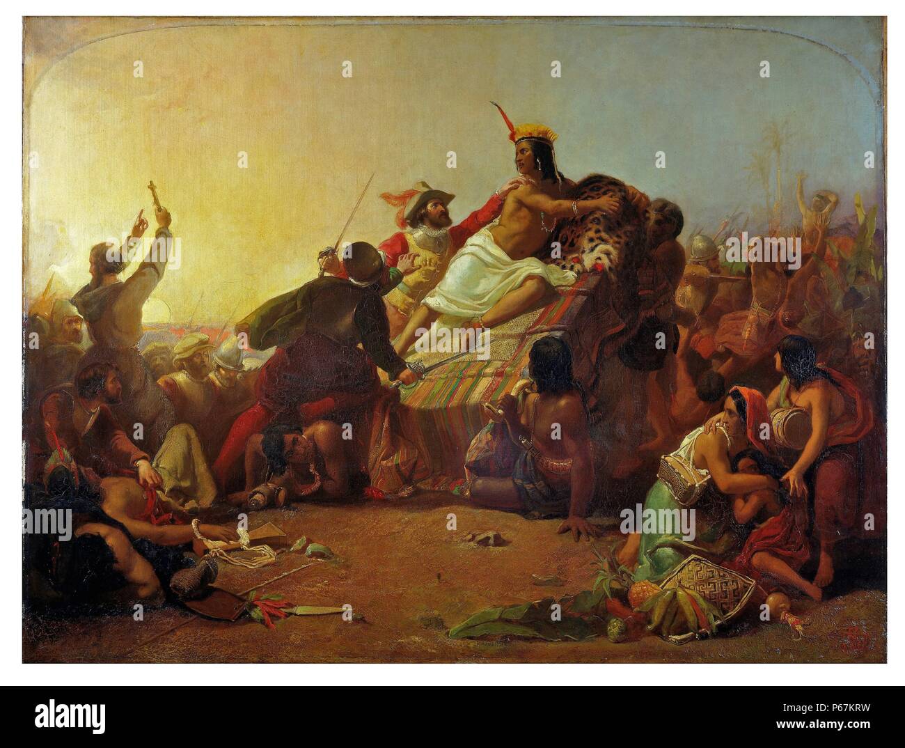 Peinture 'inclinée Pizarro saisissant l'Inca du Pérou' de John Everett Millais (1829-1896) peintre et illustrateur Anglais qui fut l'un des fondateurs de la Fraternité préraphaélite. Datée 1850 Banque D'Images