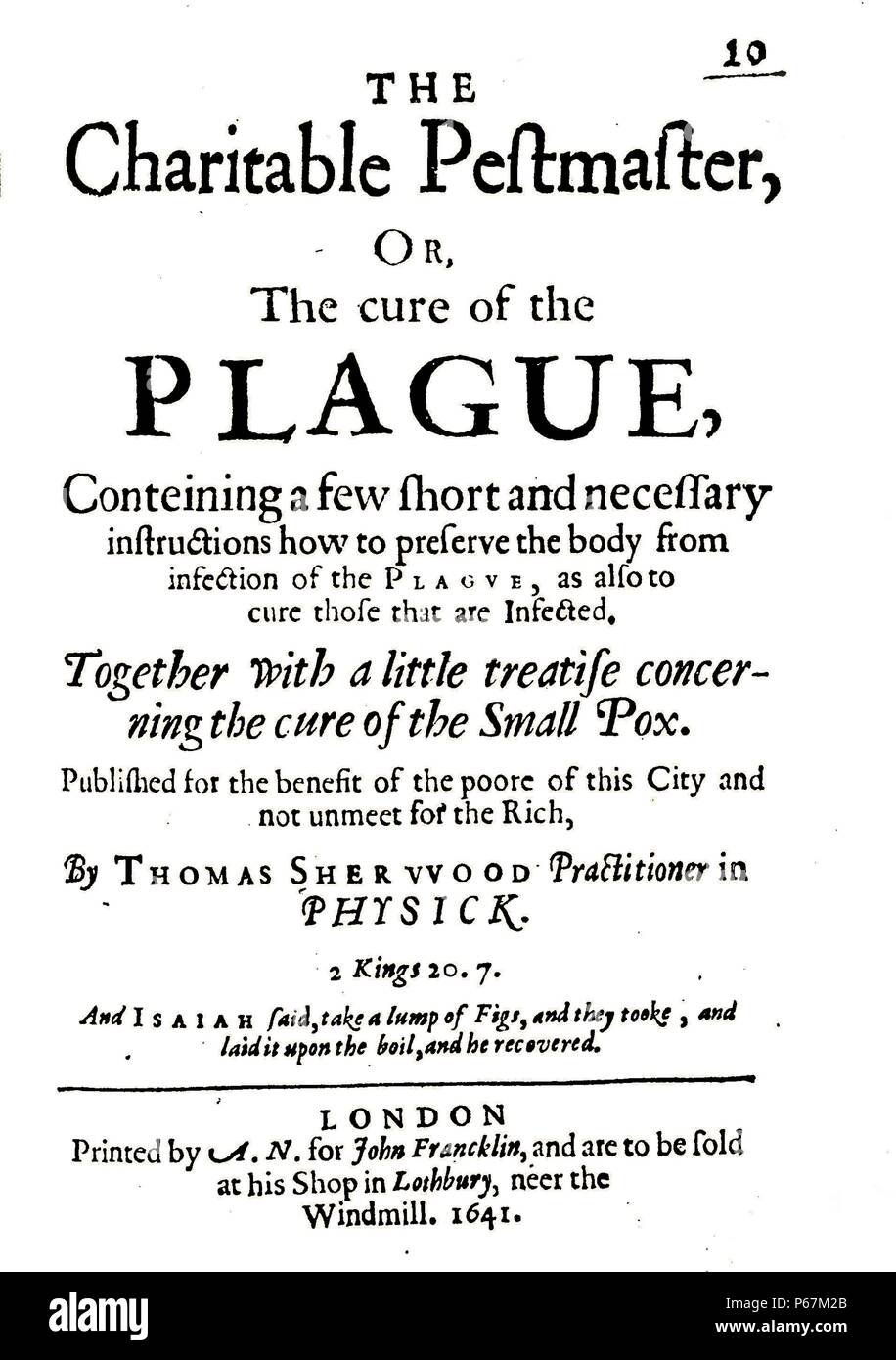 Brochure des conseils sur la prévention de la peste et autres maladies. Datée 1641 Banque D'Images