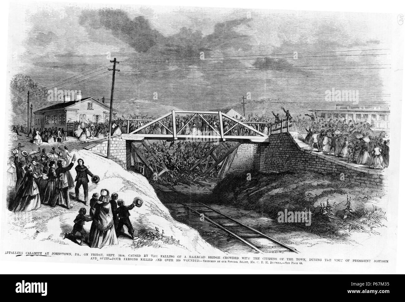 Calamité épouvantable à Johnstown, Pennsylvanie, le vendredi, Septembre 14th, causé par la chute d'un pont de chemin de fer de monde avec les citoyens de la ville, au cours de la visite du président Johnson et suite - quatre personnes tuées et plus de 350 blessés Banque D'Images