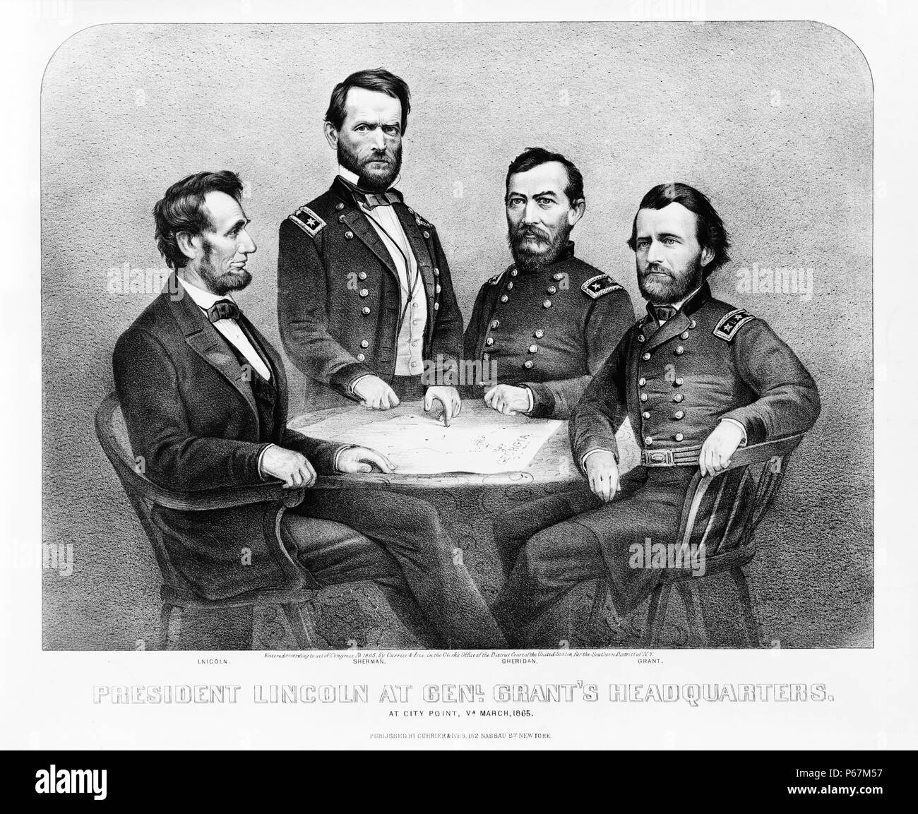 Le président Lincoln (1809-1865) au général. Le siège social de la subvention. Abraham Lincoln, William Tecumseh Sherman, Philip Henry Sheridan, et Ulysses S. Grant autour d'une petite table avec une carte sur elle. Banque D'Images
