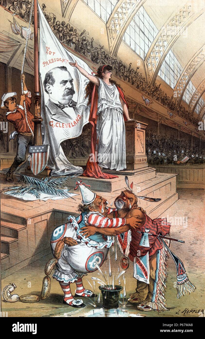 Un drapeau les indépendants se battront sous' l'illustration montre la rondelle pour le parti "Indépendant" debout sur une plate-forme surélevée, hissant un drapeau qui indique : "Pour le Président G. Cleveland' montrant un portrait de Grover Cleveland (1837-1908) et une figure féminine appelée Parti 'démocratiques' montrant le drapeau, à la Convention Nationale Démocratique, Chicago, Illinois. Au premier plan, Benjamin F. Butler, vêtu comme un clown, et John Kelly, vêtu comme un natif Américain, sont en train de pleurer. Banque D'Images