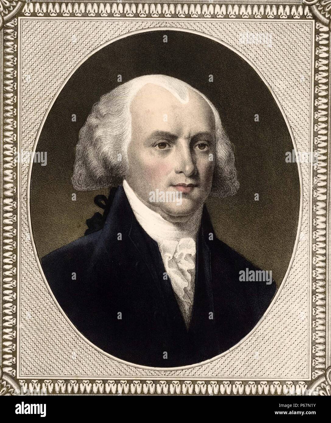 James Madison (1751-1836) était un homme d'État américain et théoricien de la politique qui a été le quatrième président des États-Unis. Il est considéré comme le "Père de la Constitution" grâce à son rôle dans la rédaction de la Constitution des États-Unis et de l'écriture de la Déclaration des droits américaine. Banque D'Images
