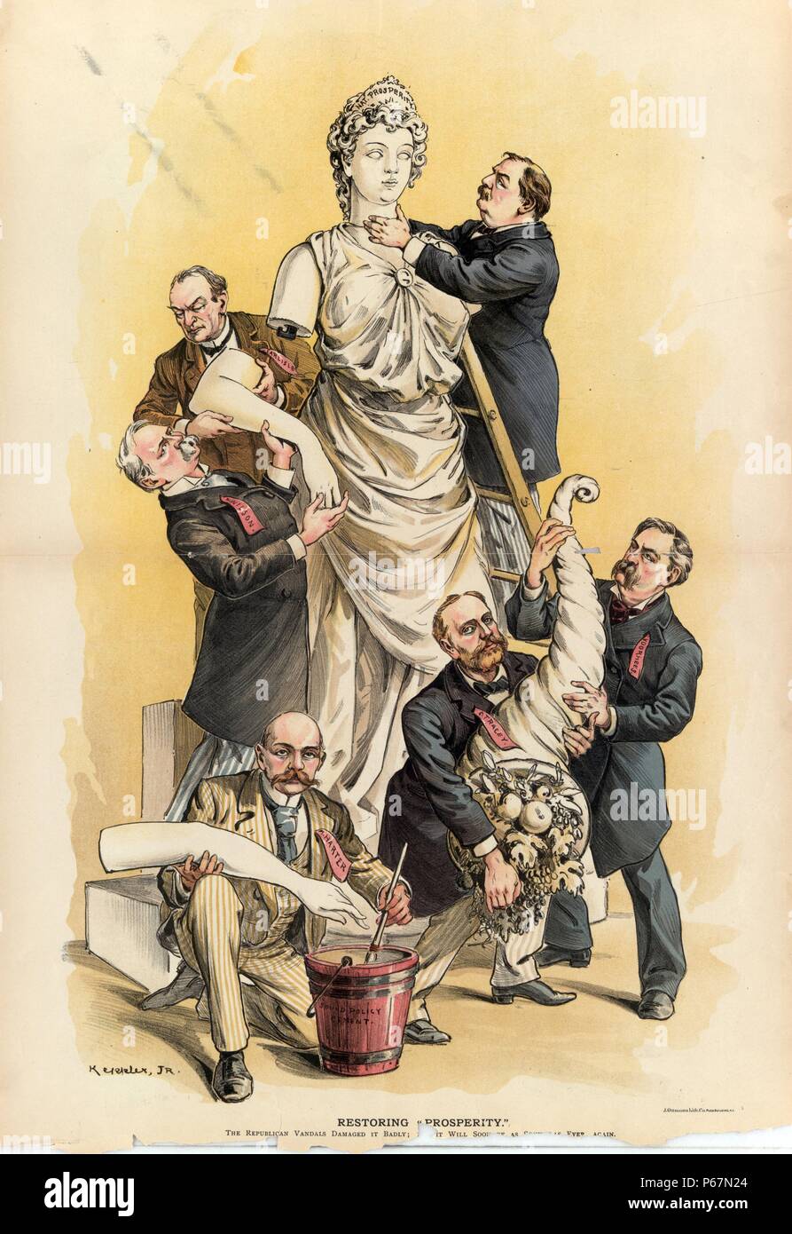 La restauration de la "prospérité'' Le Président Cleveland et cinq hommes à l'aide de 'SOUND' ciment politique pour réparer une statue intitulée 'Nat. La prospérité". Illustré avec Cleveland sont John G. Carlisle, William L. Wilson, Daniel W. Voorhees, Charles Tracey, et Michael D. Harter. Banque D'Images