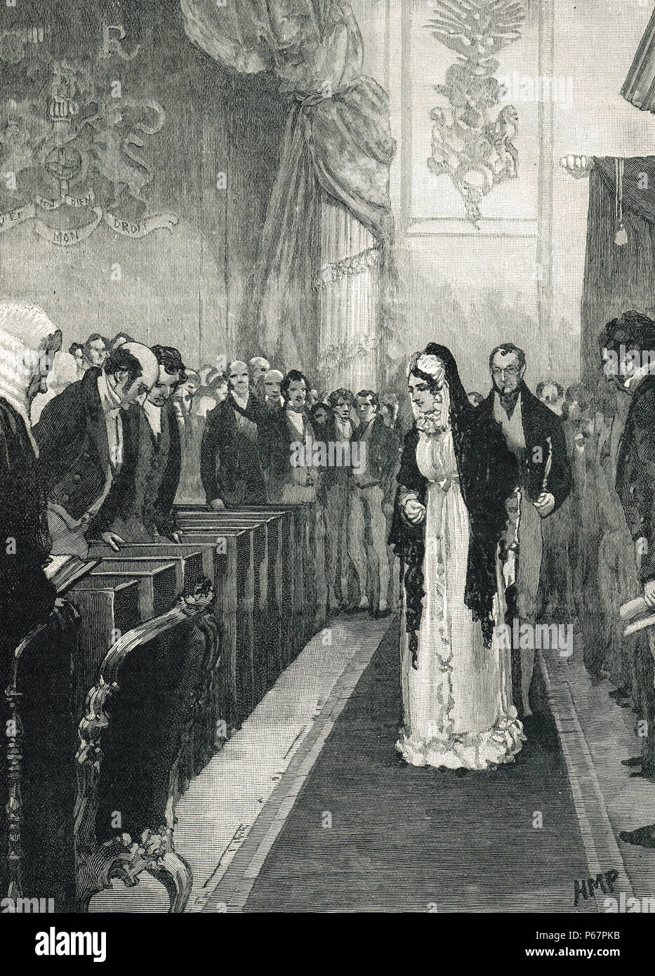 Queen Caroline, entrer dans la chambre des Lords. Le procès de Caroline de Brunswick, Reine consort du roi George IV, le projet de loi 1820 Peines et sanctions Banque D'Images