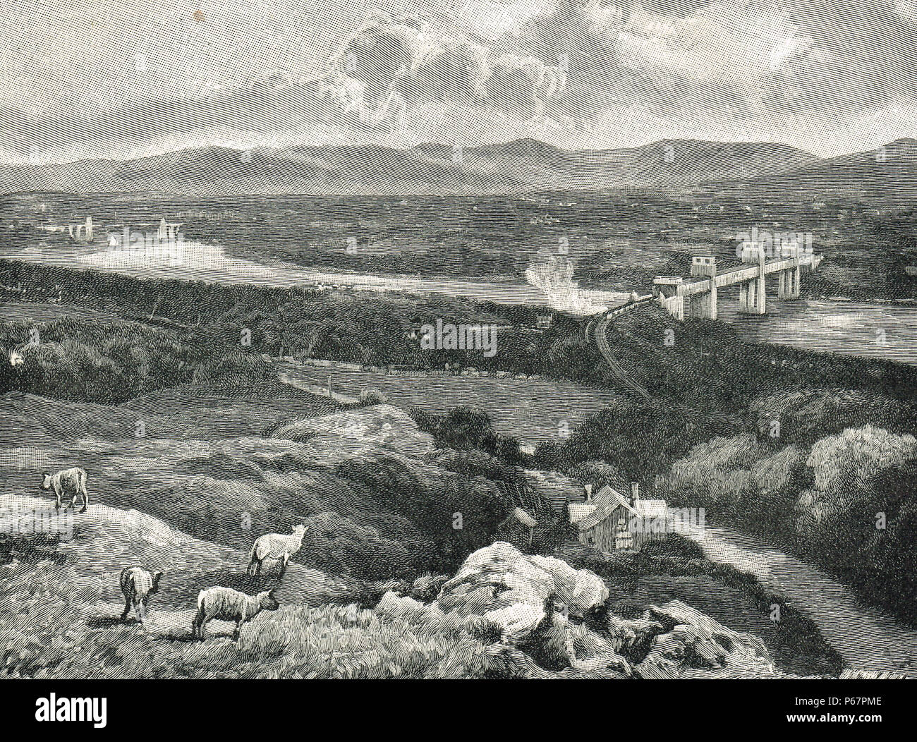 Pont suspendu de Menai, et Britannia Pont tubulaire. Une illustration du xixe siècle de ponts sur le détroit de Menai, entre l'île d''Anglesey et au Pays de Galles Banque D'Images