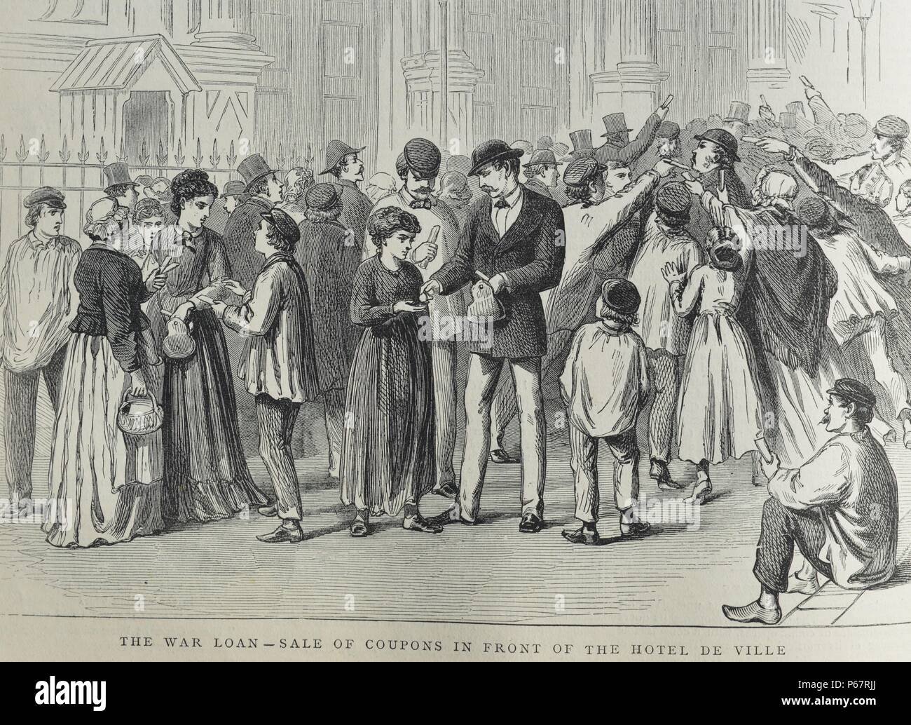 Gravure représente la vente de coupons pour l'emprunt de guerre en face de l'Hôtel de Ville. Datée 1870 Banque D'Images