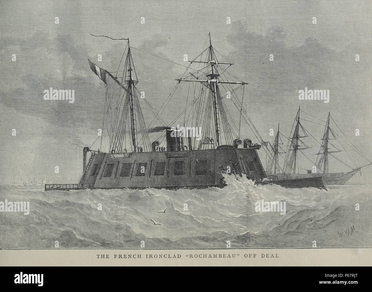 Gravure de l'Ironclad français "Rochambeau". Un cuirassé est un navire à propulsion à vapeur au début de la seconde moitié du xixe siècle. Datée 1870 Banque D'Images