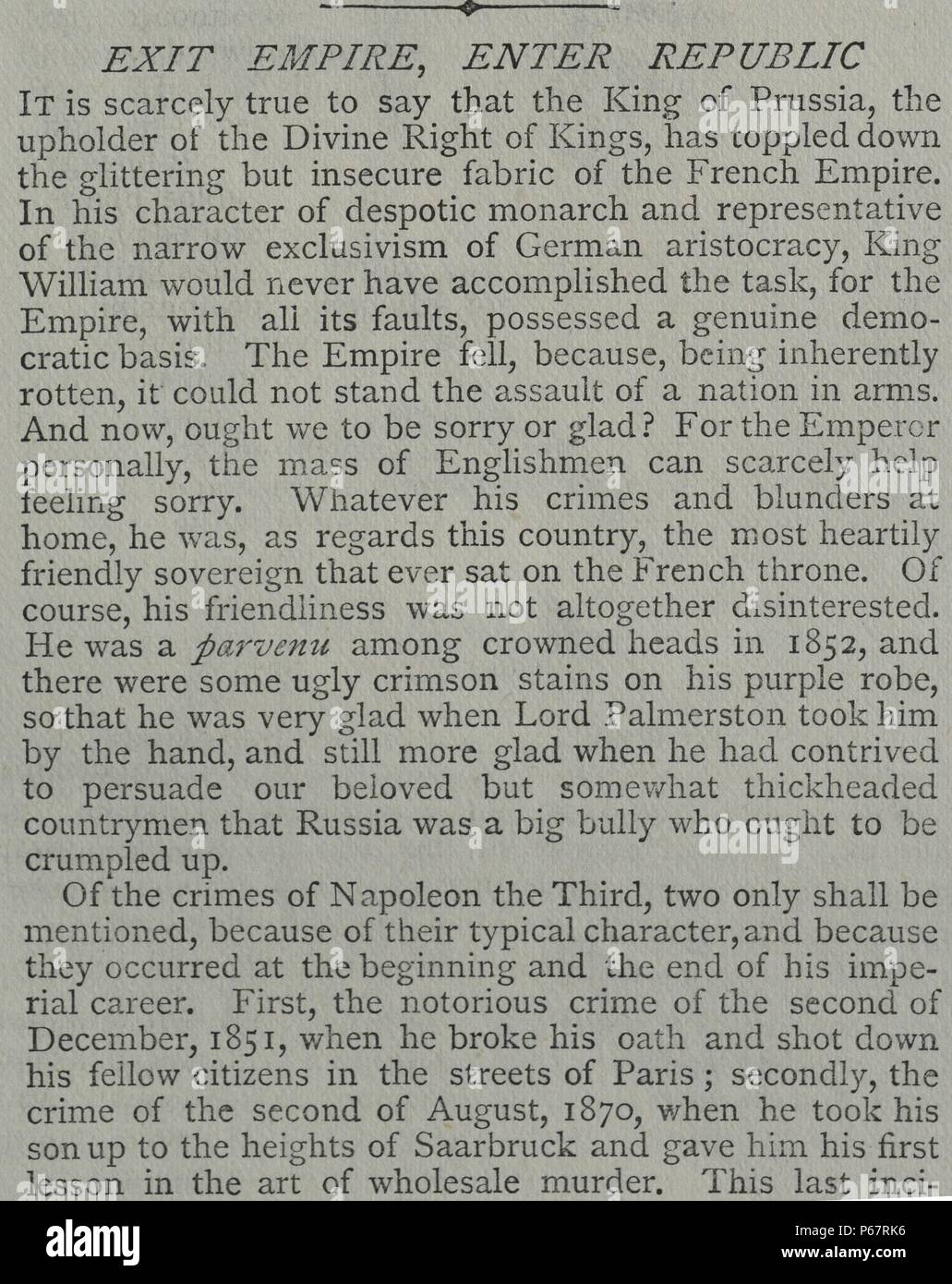 Article de journal traitant de la victoire de la Prusse dans la guerre franco-prussienne et la montée de l'Empire allemand. Datée 1871 Banque D'Images