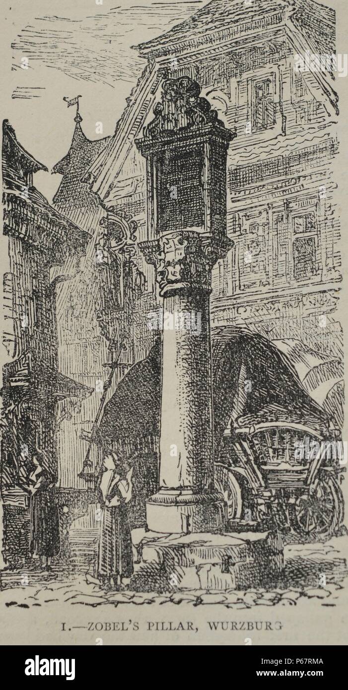 Gravure de Zobel est un pilier à Würzburg ville dans la région de la Franconie, dans le Nord de la Bavière, Allemagne. Datant de 1870. Le pilier a été érigée en l'honneur de l'Évêque Melchior Zobel von Giebelstadt (1502-1558). Datée 1870 Banque D'Images