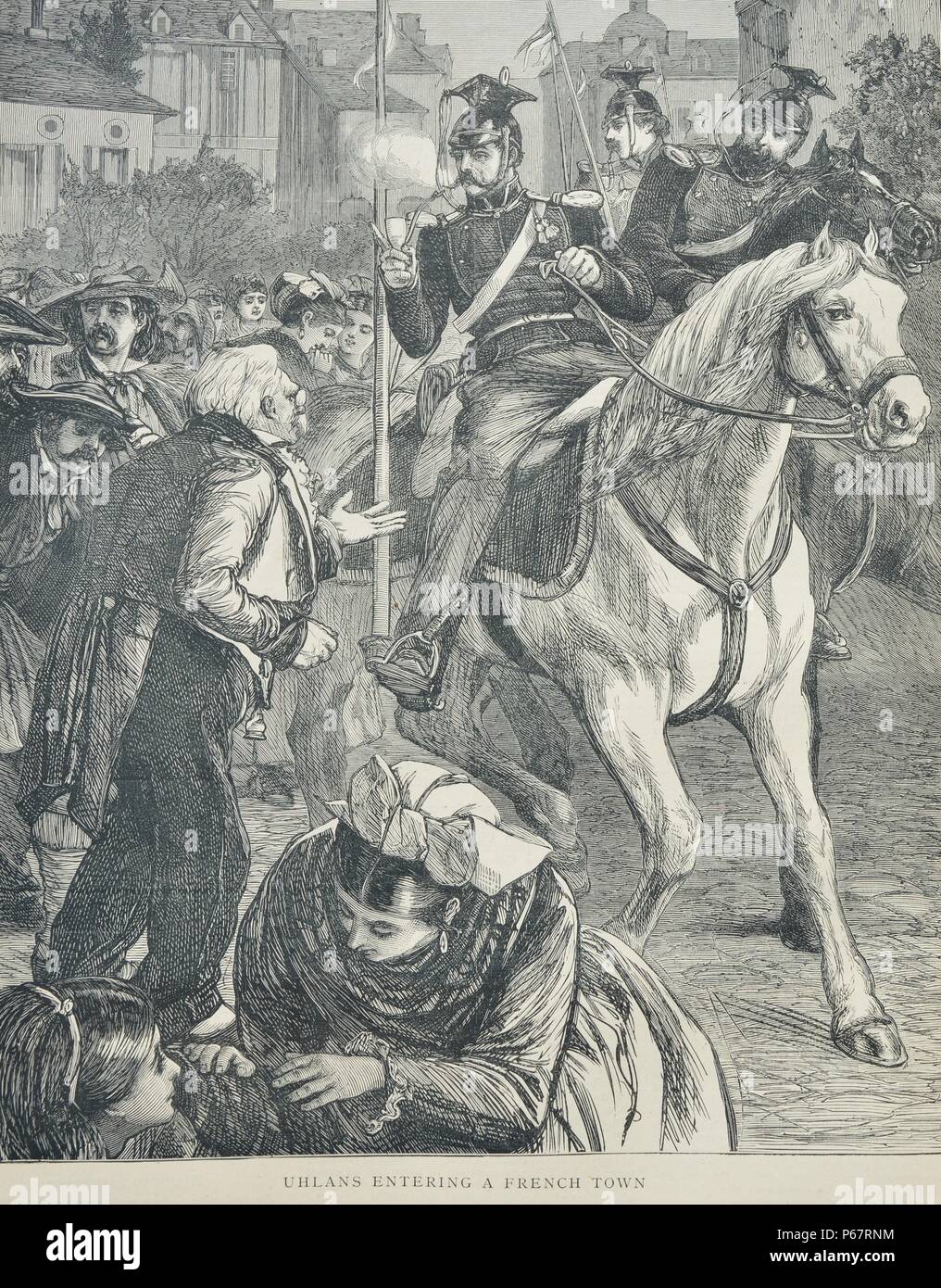 Gravure représente l'arrivée des Uhlans dans une ville française. Les Uhlans polonais étaient armées de cavalerie légère avec des lances, sabres et pistolets. Le titre a été utilisé plus tard par les régiments de lanciers en russe, prussien, autrichien et armées. Datée 1870 Banque D'Images