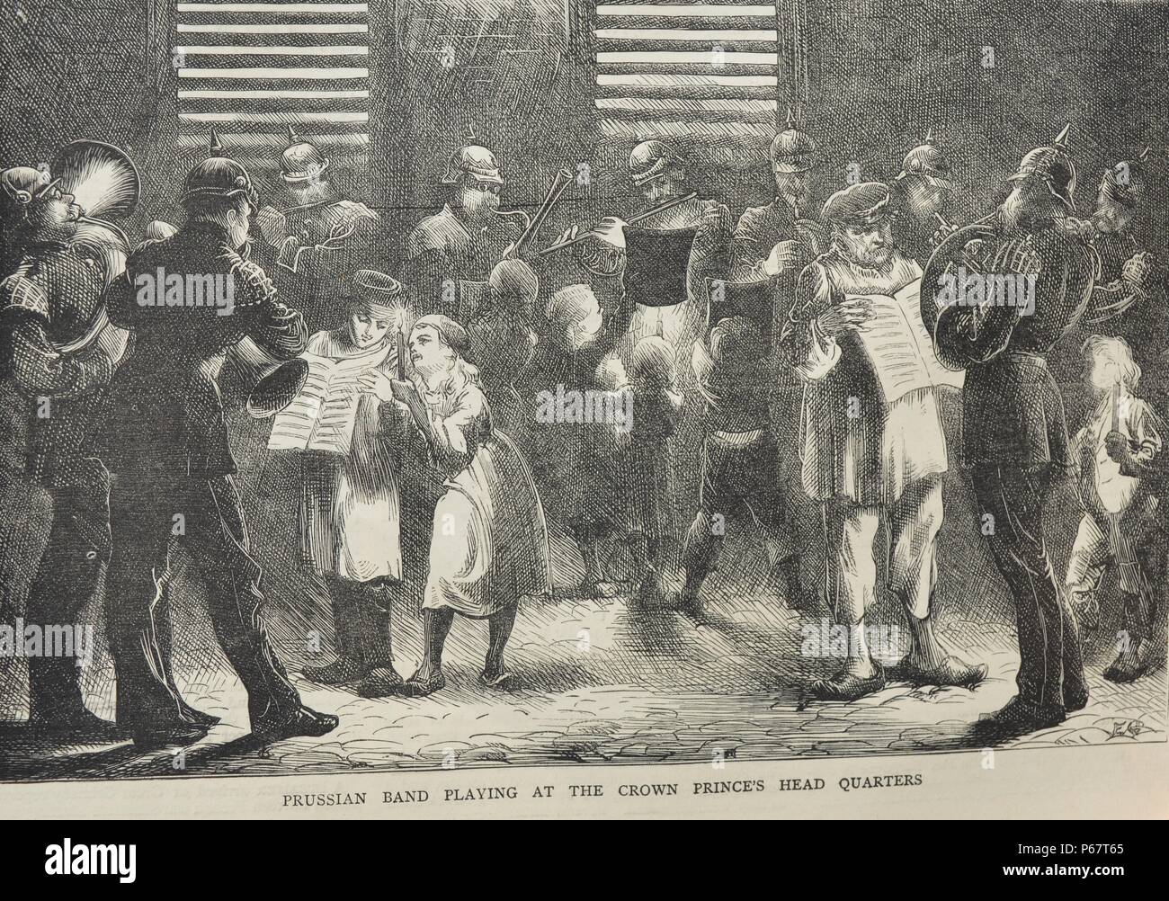 La gravure représente un groupe jouant de la Prusse à l'extérieur de la Couronne du Prince HEAD QUARTERS. Datée 1870 Banque D'Images