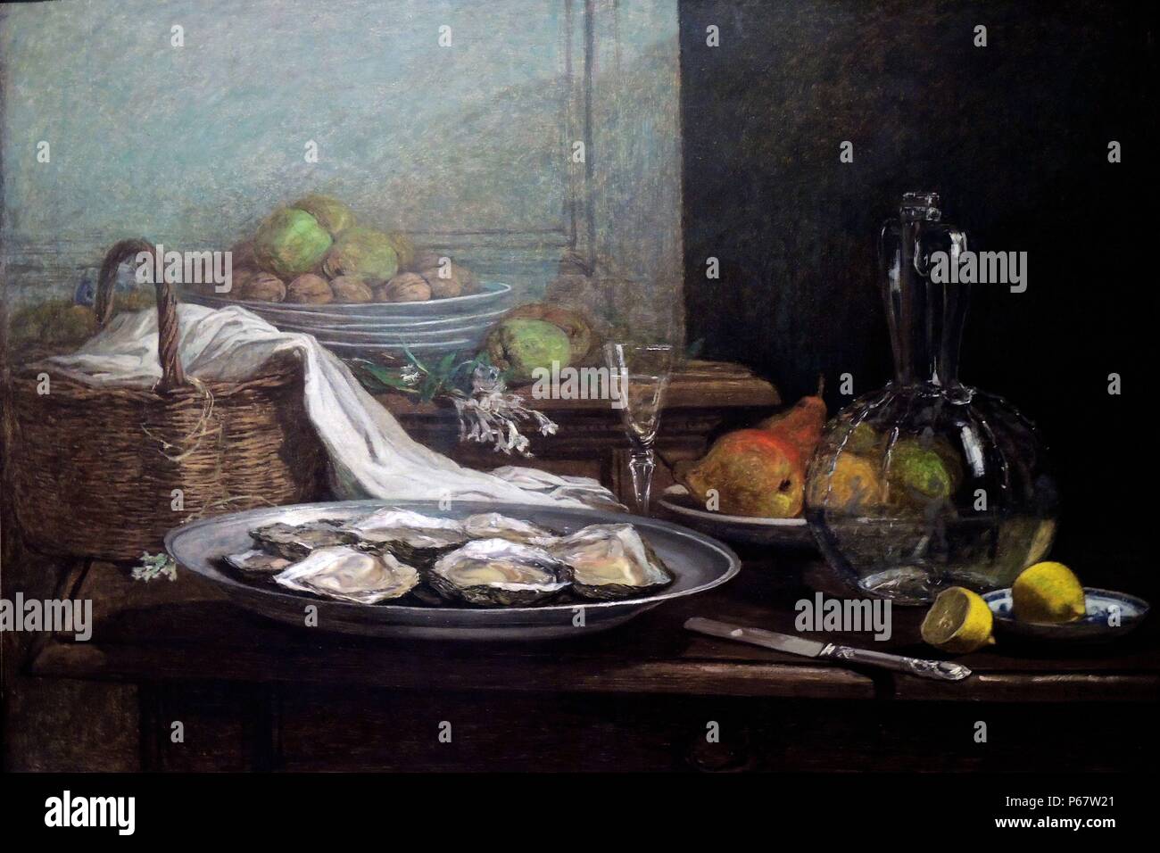 Eugène Boudin (1824-1898) Nature morte aux huîtres, huile sur toile. Les couleurs de cette vie toujours accompli sont désactivés mais soulagé par la forte note des citrons à droite au premier plan et la chaleur de la poire derrière. C'est les huîtres sur la gauche qui dominent la composition. Banque D'Images