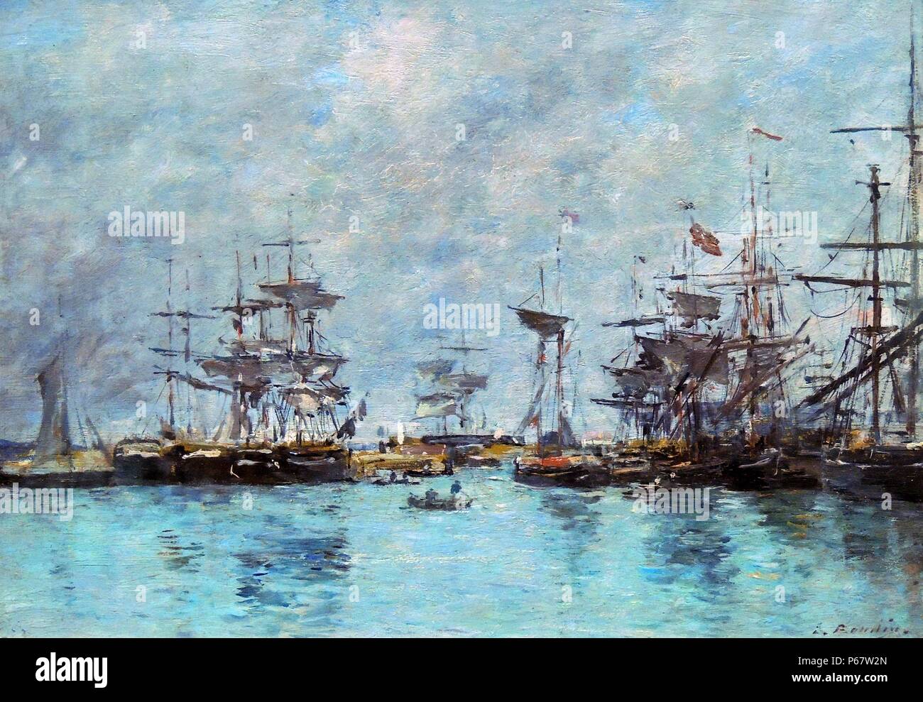 Eugène Boudin (1824-1898) Scène de port, huile sur toile. Boudin a capturé le labyrinthe de mâts et gréements le long des quais d'un port du nord de la France. Le ciel gris et la mer de plomb sont rendus avec un sens de mouvement constant, animé par la rupture de la surface de l'eau en une seule touche. La perspective est axée sur un navire au milieu de la distance, ce qui clôt l'arrière-plan au-delà de l'image et en gardant l'espace étroit. Banque D'Images