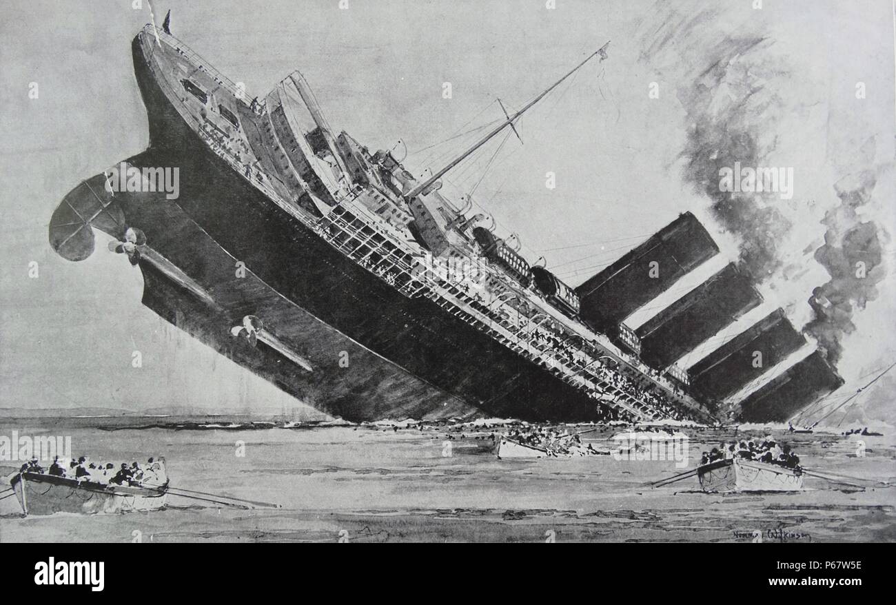 RMS Lusitania est un paquebot transatlantique britannique, titulaire de le ruban bleu et brièvement le plus gros navire. Elle a été lancée par la Cunard Line en 1906, à une époque de concurrence féroce pour le commerce de l'Atlantique Nord. En 1915 il fut torpillé et coulé par un U-boat allemand, causant la mort de 1 198 passagers et membres d'équipage Banque D'Images