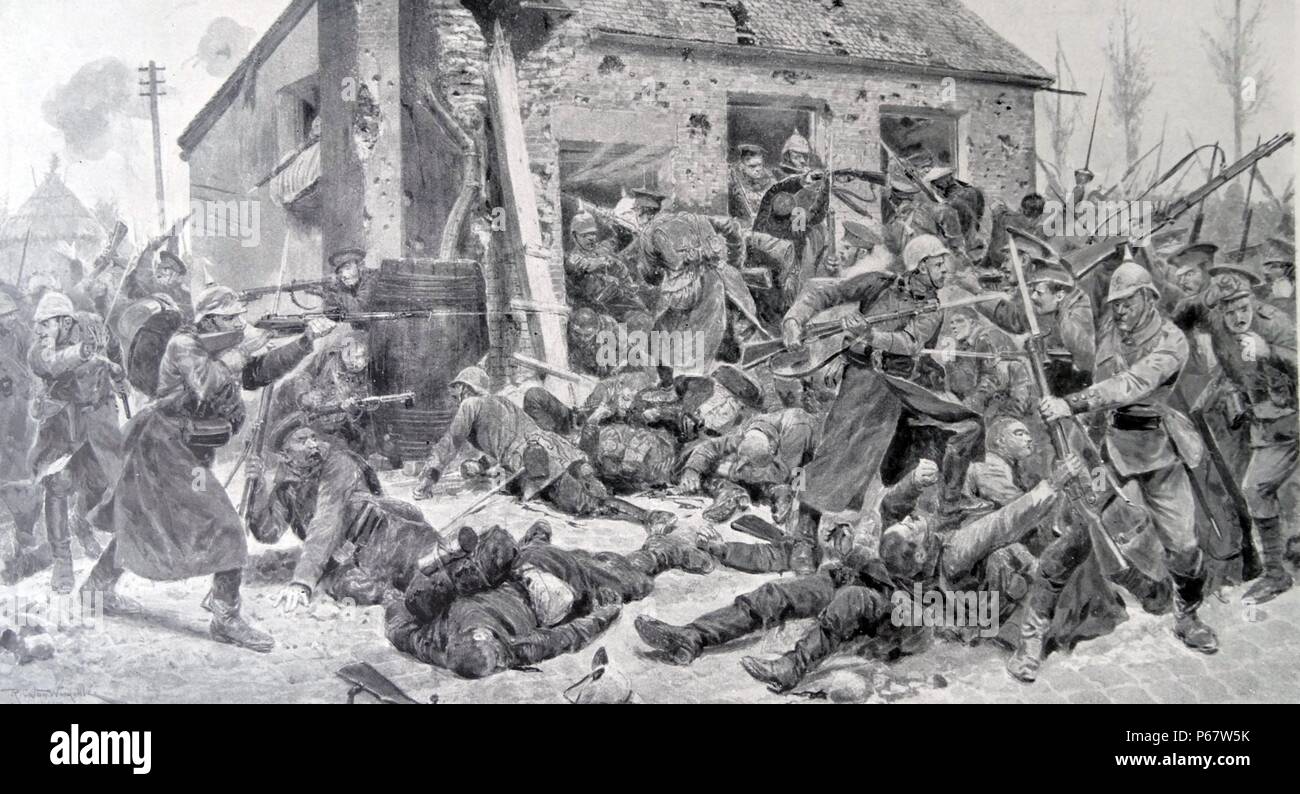 Scène de coups comme soldats britanniques re-prendre le village de Maroilles à partir de l'armée allemande d'occupation Août 1914 Banque D'Images Scène de coups comme soldats britanniques re-prendre le village de Maroilles à partir de l'armée allemande d'occupation Août 1914 Banque D'Images