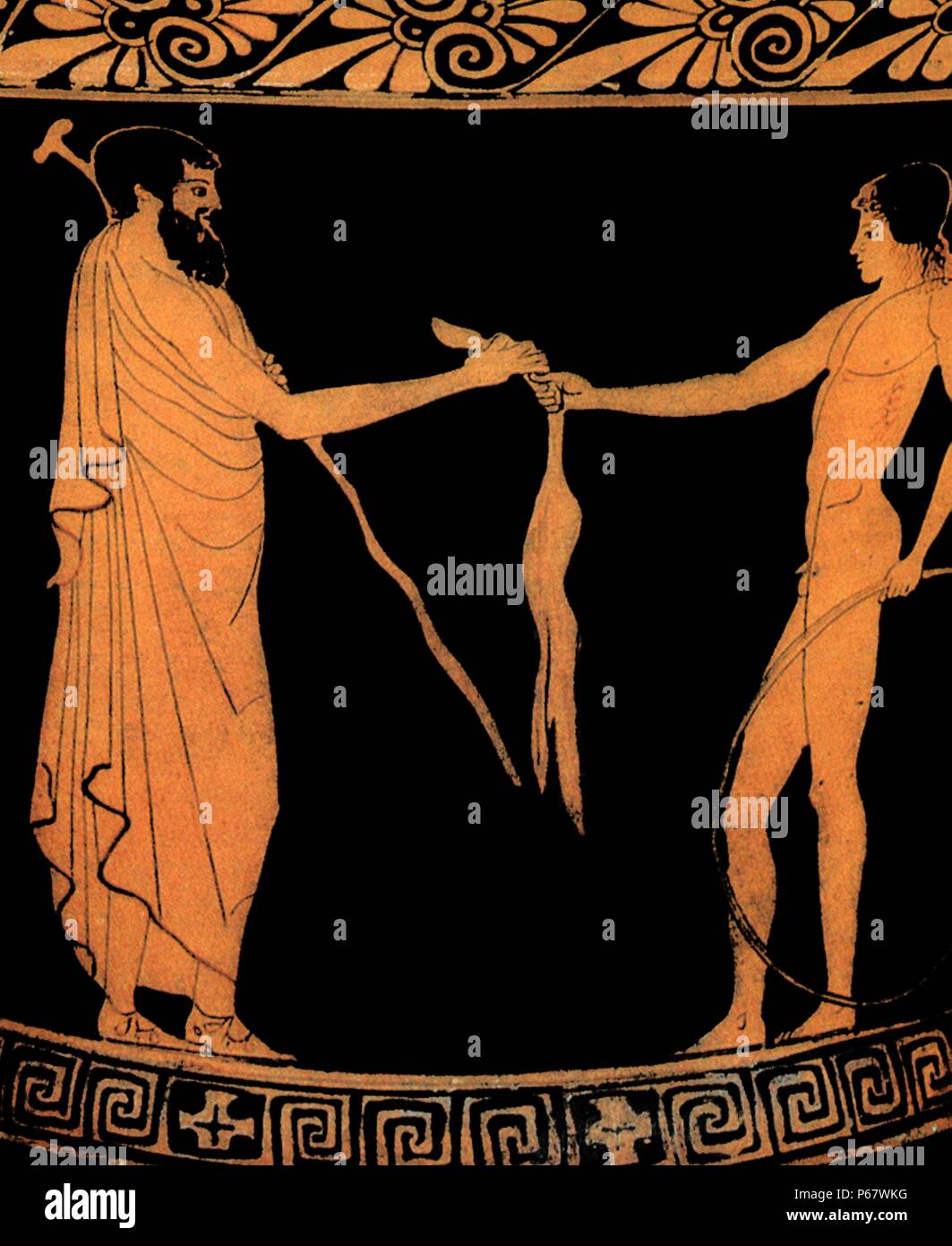 Le grec ancien cratère Calice vers 460 av. Représente un homme de donner un cadeau à un jeune Banque D'Images