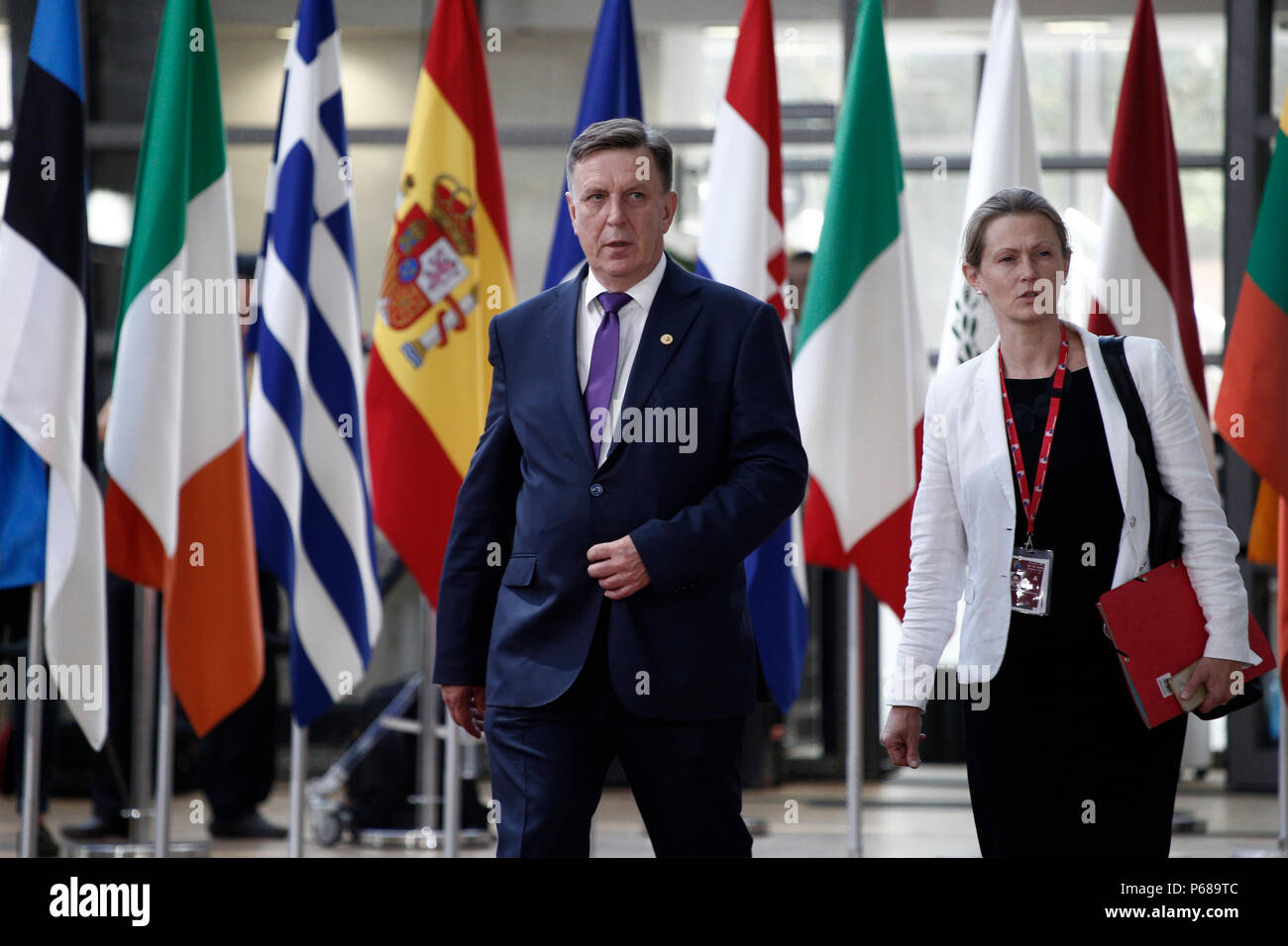 Bruxelles, Belgique le 28 juin 2018. Premier Ministre de Lettonie, Maris Kucinskis arrive pour une réunion avec les dirigeants de l'Union européenne. Banque D'Images