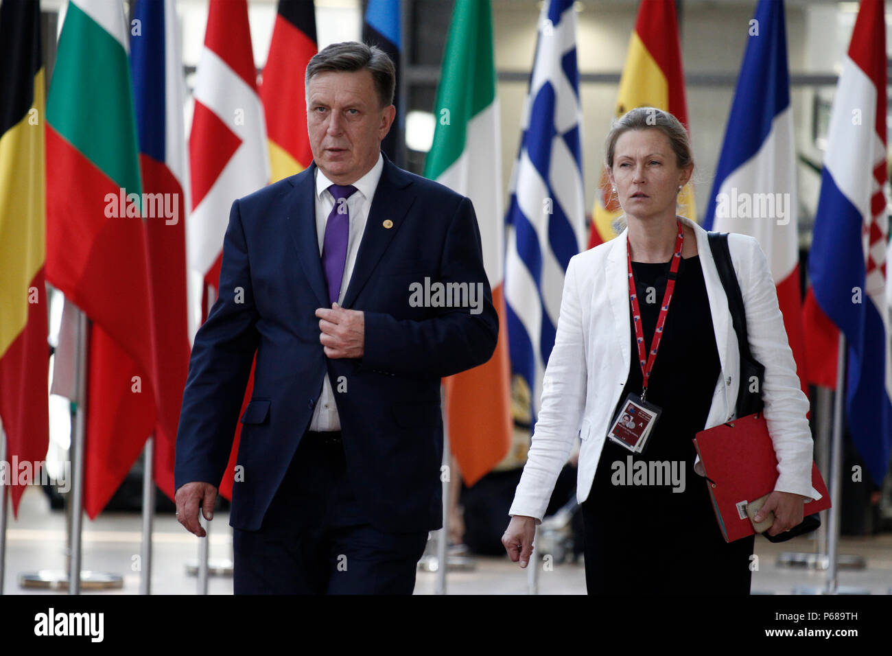 Bruxelles, Belgique le 28 juin 2018. Premier Ministre de Lettonie, Maris Kucinskis arrive pour une réunion avec les dirigeants de l'Union européenne. Banque D'Images
