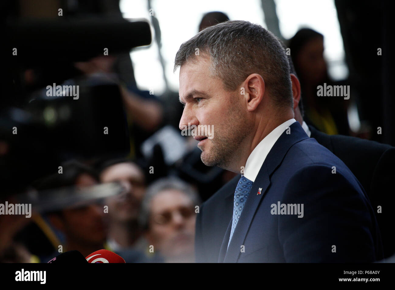 Bruxelles, Belgique le 28 juin 2018. Premier Ministre de la Slovaquie, Peter Pellegrini arrive pour une réunion avec les dirigeants de l'Union européenne. Banque D'Images