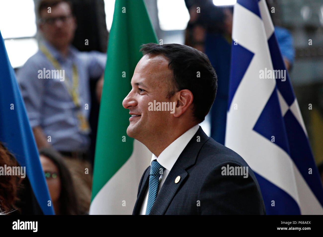 Bruxelles, Belgique le 28 juin 2018. Le Premier ministre irlandais, Leo Varadkar arrive pour une réunion avec les dirigeants de l'Union européenne. Banque D'Images