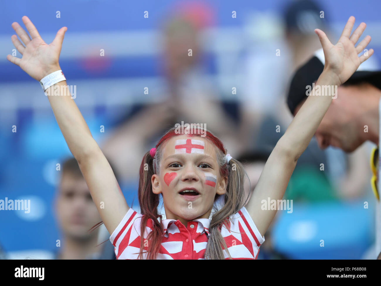 Kaliningrad, Russie. 28 Juin, 2018. Un ventilateur est perçu avant la Coupe du Monde 2018 Groupe G match entre l'Angleterre et la Belgique à Kaliningrad, Russie, le 28 juin 2018. Credit : Xu Zijian/Xinhua/Alamy Live News Banque D'Images