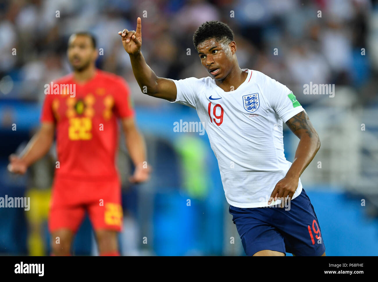 28 juin 2018, de la Russie, Kaliningrad : Football Coupe du Monde, Groupe G, l'Angleterre contre la Belgique au stade de Kaliningrad. L'Angleterre Marcus Rashford en action. Photo : Marius Becker/dpa Banque D'Images
