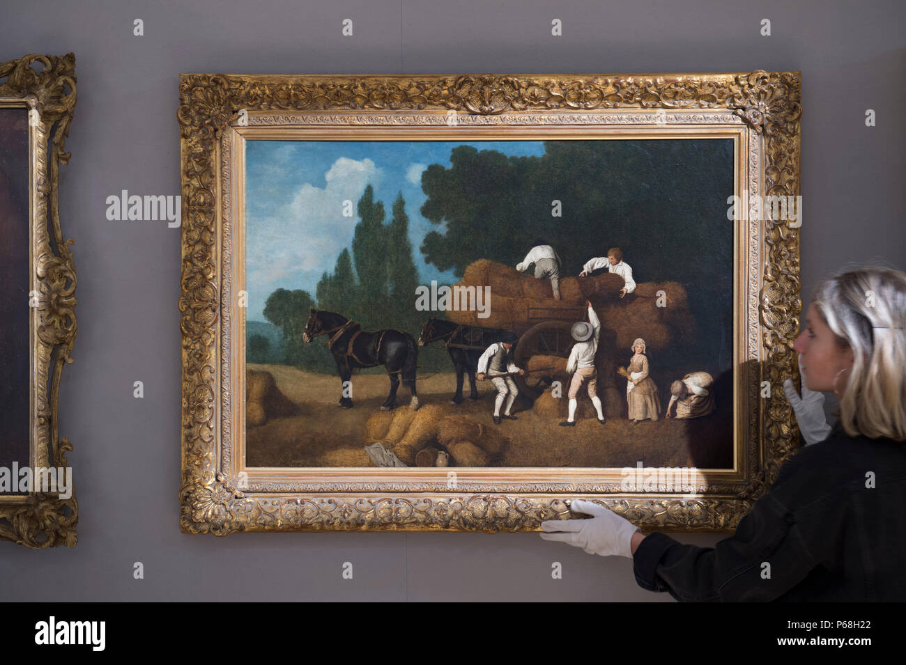 Bonhams New Bond Street, London, UK. 29 Juin, 2018. La récolte, par George Stubbs (1724-1806) et estimé à £000 350,000-450 Dans les maîtres anciens vente aperçu. Peint au début des années 1780, le travail de réalisme lyrique Stubbs encapsule. La vente aura lieu le mercredi 4 juillet 2018 à 2h00. Credit : Malcolm Park/Alamy Live News. Banque D'Images