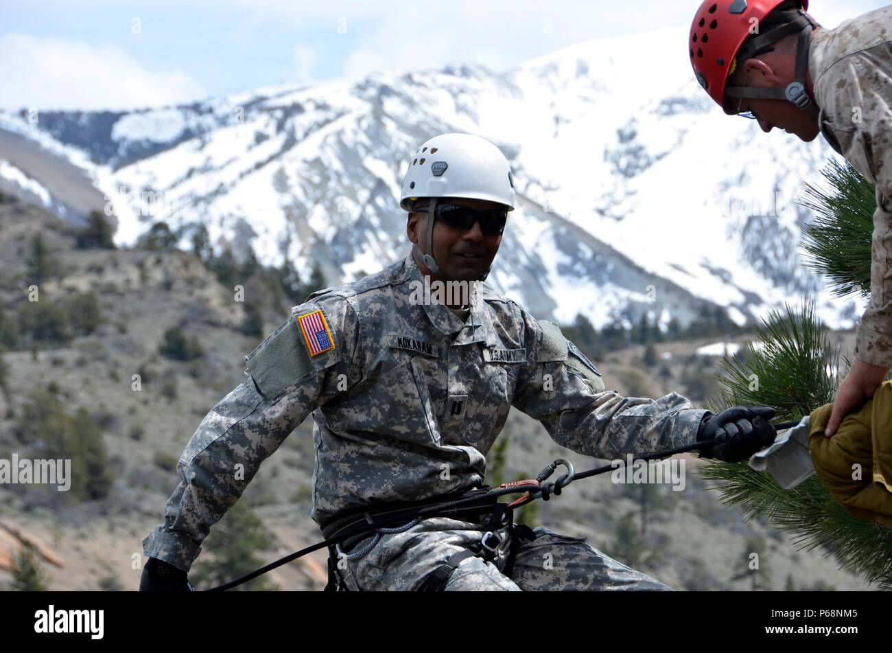 Le capitaine Kavishti Kokaram, un vétérinaire pour le 445e Bataillon des affaires civiles, commence son cours de rappel sur la décent à l'intérieur de la Toiyabe National Forest au cours de la 351e Commande des affaires civiles La formation des vétérinaires Conférence au Marine Corps Mountain Warfare Training Center, Bridgeport, Californie, le 3 mai 2016. La conférence comprenait des compétences d'alpinisme pour renforcer la confiance et accroître la capacité vétérinaire pour de futures missions dans la zone de responsabilité du Commandement du Pacifique. (U.S. Photo de l'armée par le sergent. Robert Van Tuinen) Banque D'Images