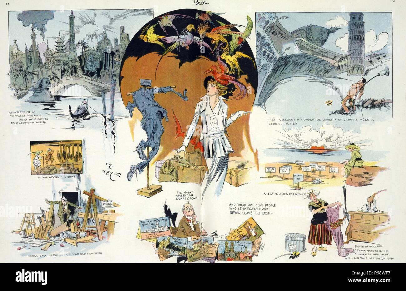 Impressions de voyage" Vignette caricature montrant des scènes de voyage, tel qu'une femme choquée face à une "U.S. L'épouvantail des Douanes ; une vue déformée de Pise aidé par 'une merveilleuse qualité de chianti' ; une femme néerlandaise l'échange son costume traditionnel pour les dernières modes parisiennes après les touristes sont rentrés chez eux et d'un composite d'images de "l'une de ces tours à la hâte autour du monde'. Banque D'Images