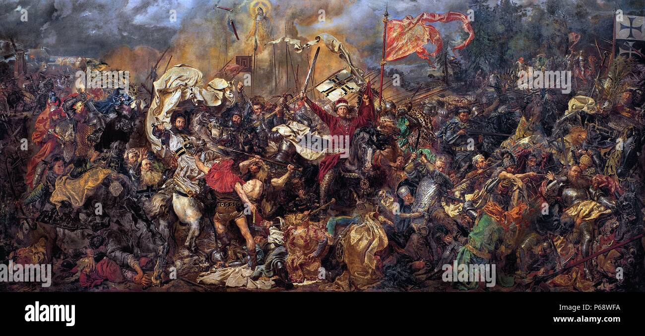 Bataille de Grunwald, 1410. Peinture de Jan Matejko. La bataille de Grunwald fut livrée le 15 juillet 1410, au cours de la guerre de l'Ordre Teutonique. L'alliance du Royaume de Pologne et le Grand-duché de Lituanie remporte la victoire sur les Chevaliers Teutoniques prussien-allemand. Banque D'Images