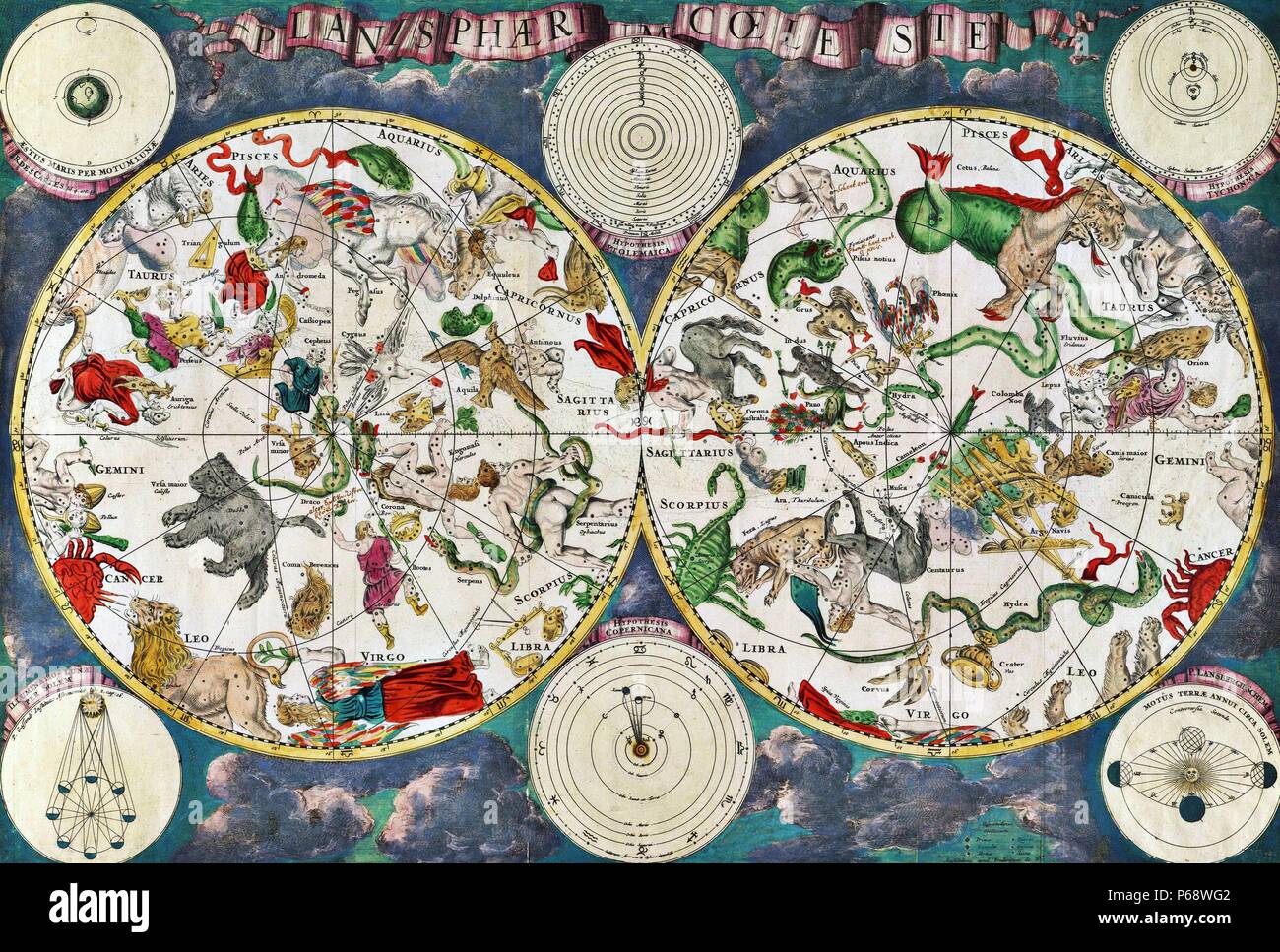 Carte céleste du 17e siècle, par le cartographe hollandais Frederik de Wit. Groupes d'étoiles et astrologiques et signes du zodiaque sont représentés Banque D'Images