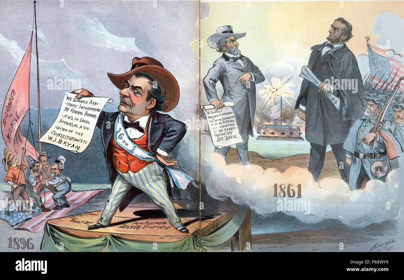 L'histoire se répète par Louis Dalrymple, 1866-1905, l'artiste, 1896. William Jennings Bryan marqués '16 à 1', debout sur une plate-forme 'construit par Popo. Silver Plate-forme Syndicate', tenant un document que les états ''Nous dénonçons l'ingérence arbitraire par les autorités fédérales, dans les affaires locales, comme une violation de la Constitution", Jefferson Davis tenant un papier qui membres ''Nous dénonçons l'ingérence arbitraire par les autorités fédérales, dans les affaires locales, comme une violation de la Constitution" Banque D'Images