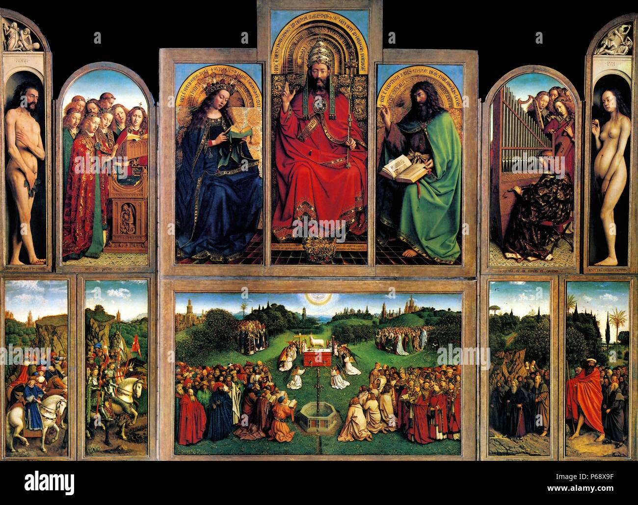 Le retable de Gand, ouvert, en date du 1430. Créé par Jan van Eyck (1395-1441), début de la peinture flamande polyptyque de bord. En date du 15e siècle. Banque D'Images