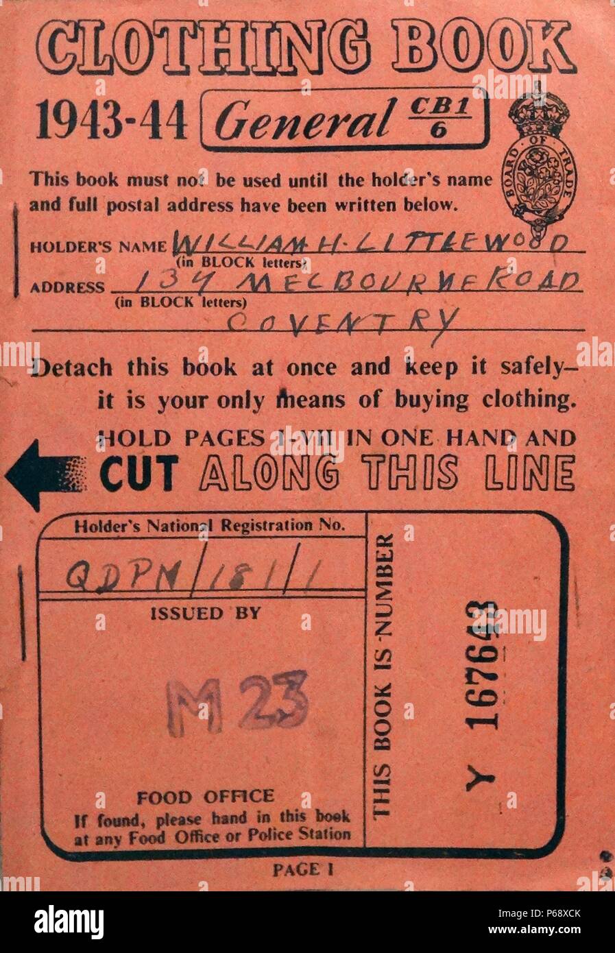 La seconde guerre mondiale la ration book 1944 Vêtements Banque D'Images