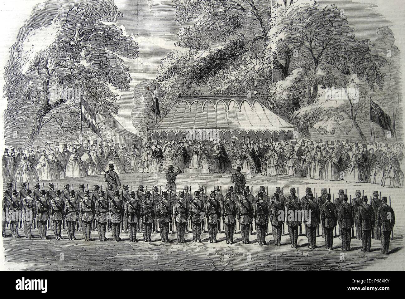 Présentation d'un clairon d'argent par Lady Duff Gordon à la 6e (Esher Surrey Volunteer Rifle Corps) ; le 15 septembre 1860. Banque D'Images