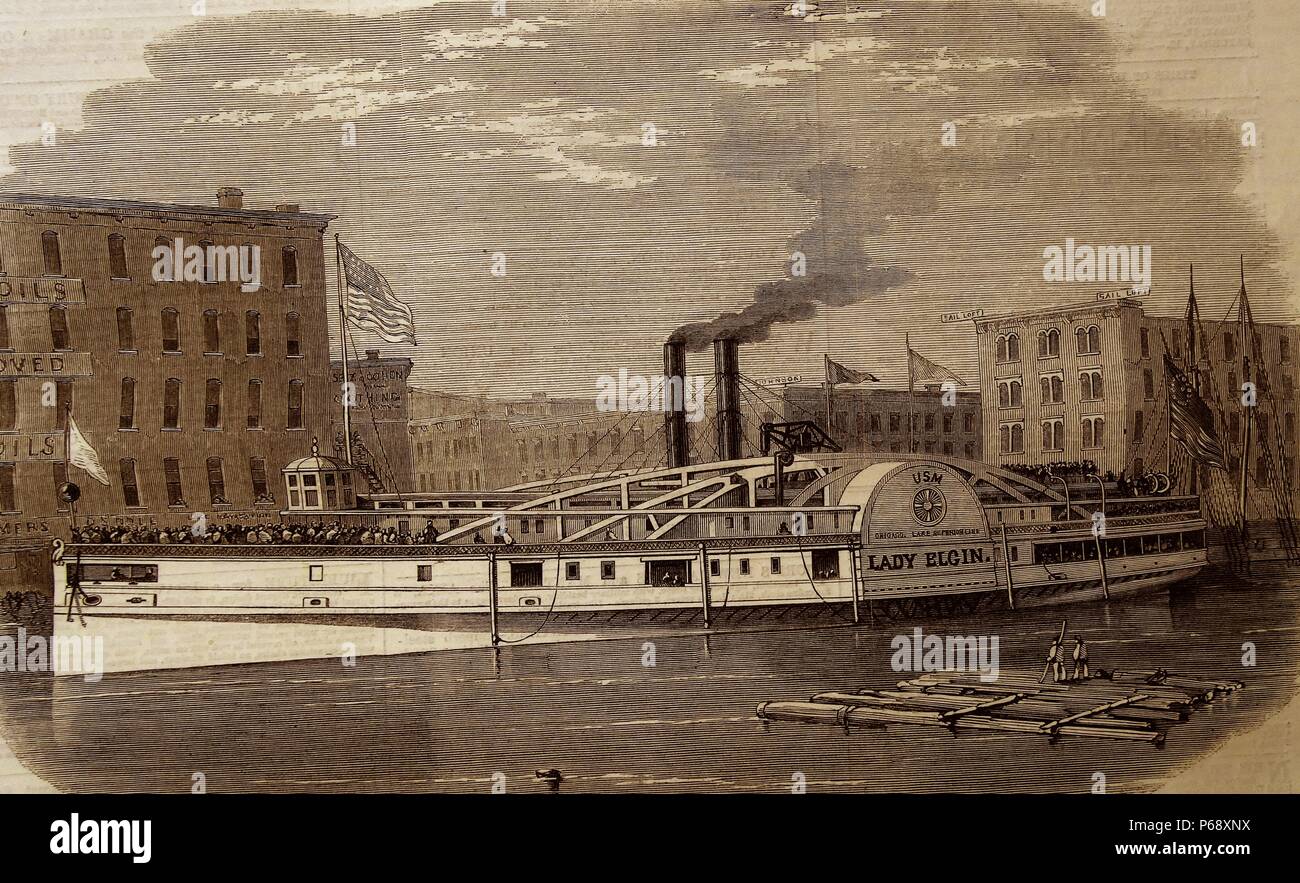 Le bateau à vapeur du lac 'Lady Elgin' ; comme elle était à son quai à