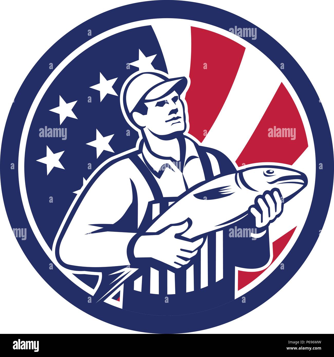 Style rétro icône illustration d'un poissonnier à la vente du poisson avec United States of America USA Star Spangled Banner ou stars and stripes flag Illustration de Vecteur