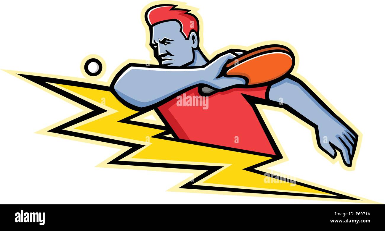 Icône mascotte illustration d'un tennis de table ou au ping-pong player frappant une balle de ping-pong avec palettes ou racket avec Lightning Bolt ou Thunderbolt voir Illustration de Vecteur