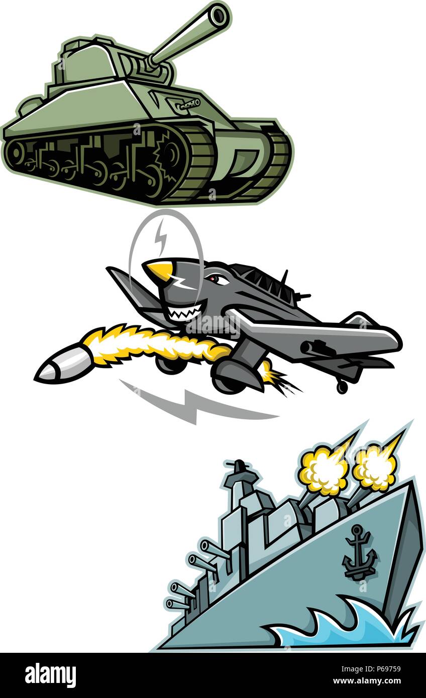 L'icône illustration mascotte ensemble de la Seconde Guerre mondiale, 2 véhicules militaires comme l'American M4 Sherman, le char moyen Junkers Ju 87 Stuka ou bombardier en piqué allemand Illustration de Vecteur