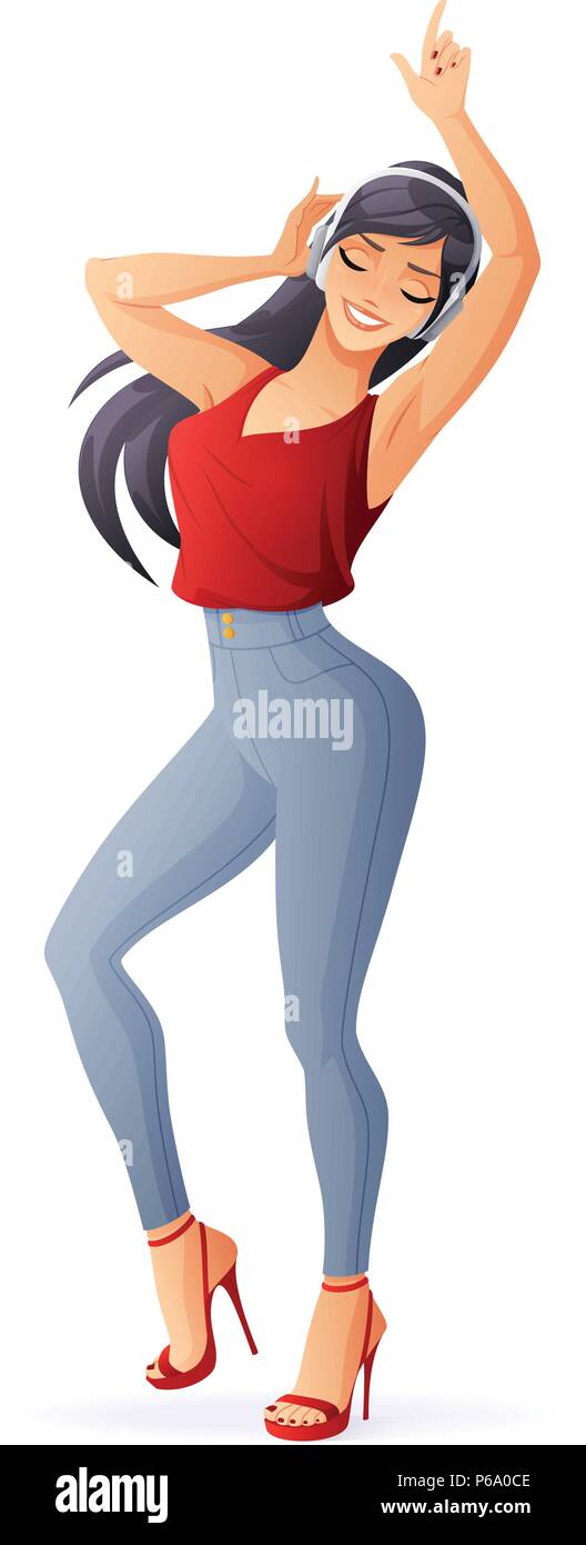 Jeune femme dansant avec un casque. Illustration vectorielle isolée. Illustration de Vecteur