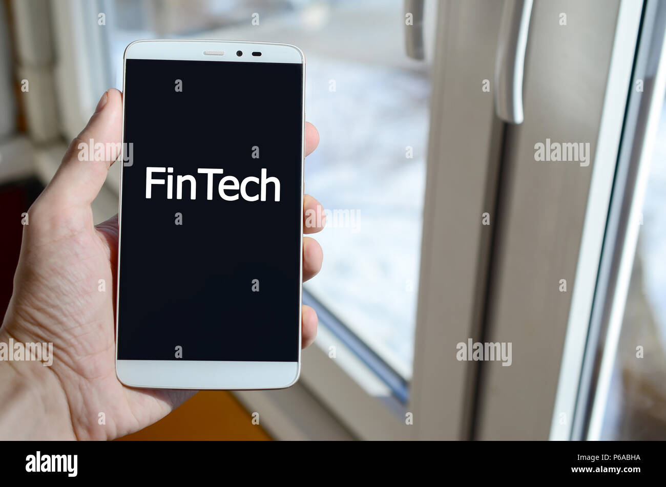 Une personne voit une inscription blanche sur un écran de smartphone noir qui tient dans sa main. FinTech . Banque D'Images