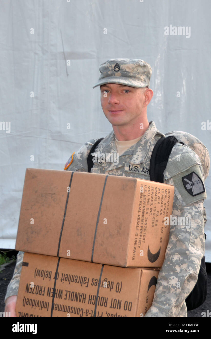 Le sergent de l'armée américaine. Aaron Jones, 5e bataillon du 113e Régiment d'artillerie (High Mobility Artillery Rocket System), la Garde nationale de Caroline du Nord, réalise des boîtes de repas pendant les opérations de préparation du convoi au port de Szczecin, en Pologne, dans le cadre de l'exercice Anakonda 16 Juin 1, 2016. Une16 est un exercice national polonais qui vise à former, de l'exercice, et d'intégrer la commande nationale polonaise et la structure des forces alliées, dans un environnement multinational, conjoint. (U.S. La Garde nationale de l'armée photo par le Sgt. 1re classe Robert Jordan, North Carolina National Guard) Parution/Affaires publiques Banque D'Images