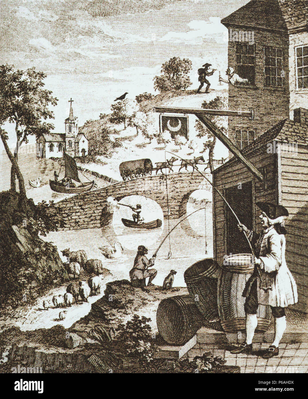 La satire de fausse Perspective, William Hogarth ( 1697 - 1764 ) 1754, Collection privée. Banque D'Images