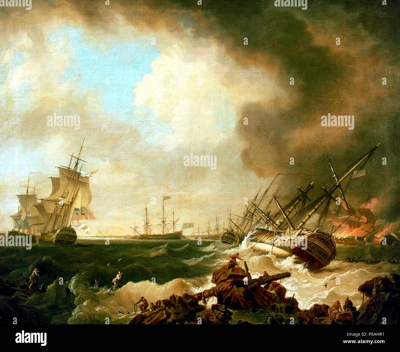 La bataille de la baie de Quiberon, 21 Novembre 1759 : le jour d'après - Les Français Soleil Royal et HÃ©ros sont en flammes sur la droite, au premier plan le HMS Resolution se trouve échoué sur son côté tribord. En face d'elle est HMS Essex, avec d'autres membres de la flotte britannique à l'ancre à l'arrière-plan. La formidable français capturés est assisté par une frégate britannique sur la gauche de la photo. Richard Wright, 1760 Banque D'Images