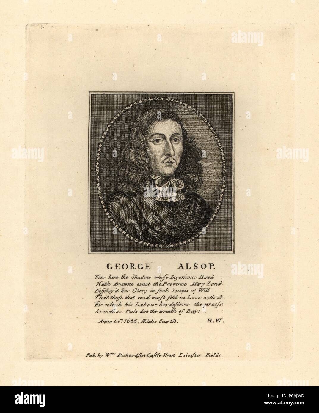 George Alsop, âgée de 28 ans, auteur de "un caractère de la Province du Maryland,' 1666. La gravure sur cuivre de Richardson's 'portraits illustrant Granger's Biographical History of England, Londres, 1792-1812. Publié par William Richardson, printseller, Londres. James Granger (1723-1776) était un pasteur anglais, biographe, et imprimer collecteur. Banque D'Images