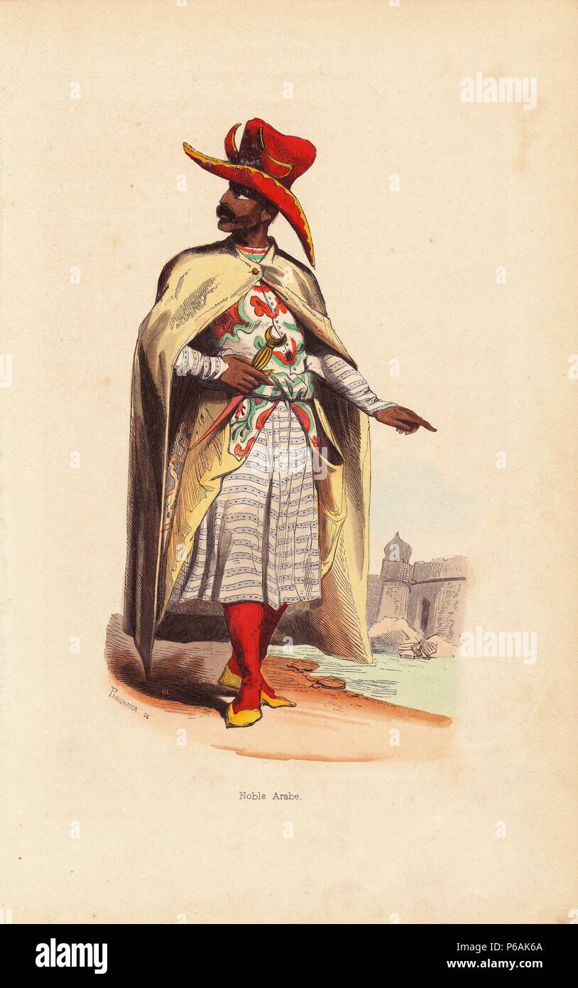 Noble arabe en grand chapeau, cape, robes brodées, bas rouge et de  chaussons. Gravure sur bois coloriée par Pannemaker après une illustration  par H. Hendrickx de Auguste Wahlen's 'Moeurs, usages et costumes