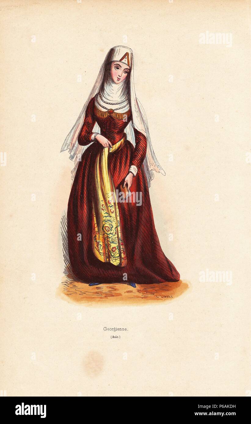 Georgian woman wearing headdress avec voile, collier de perles, robe longue  avec ceinture ceinture brodée, la tenue d'un mini-livre. Gravure sur bois  coloriée par L. Lisbet de Auguste Wahlen's 'Moeurs, usages et