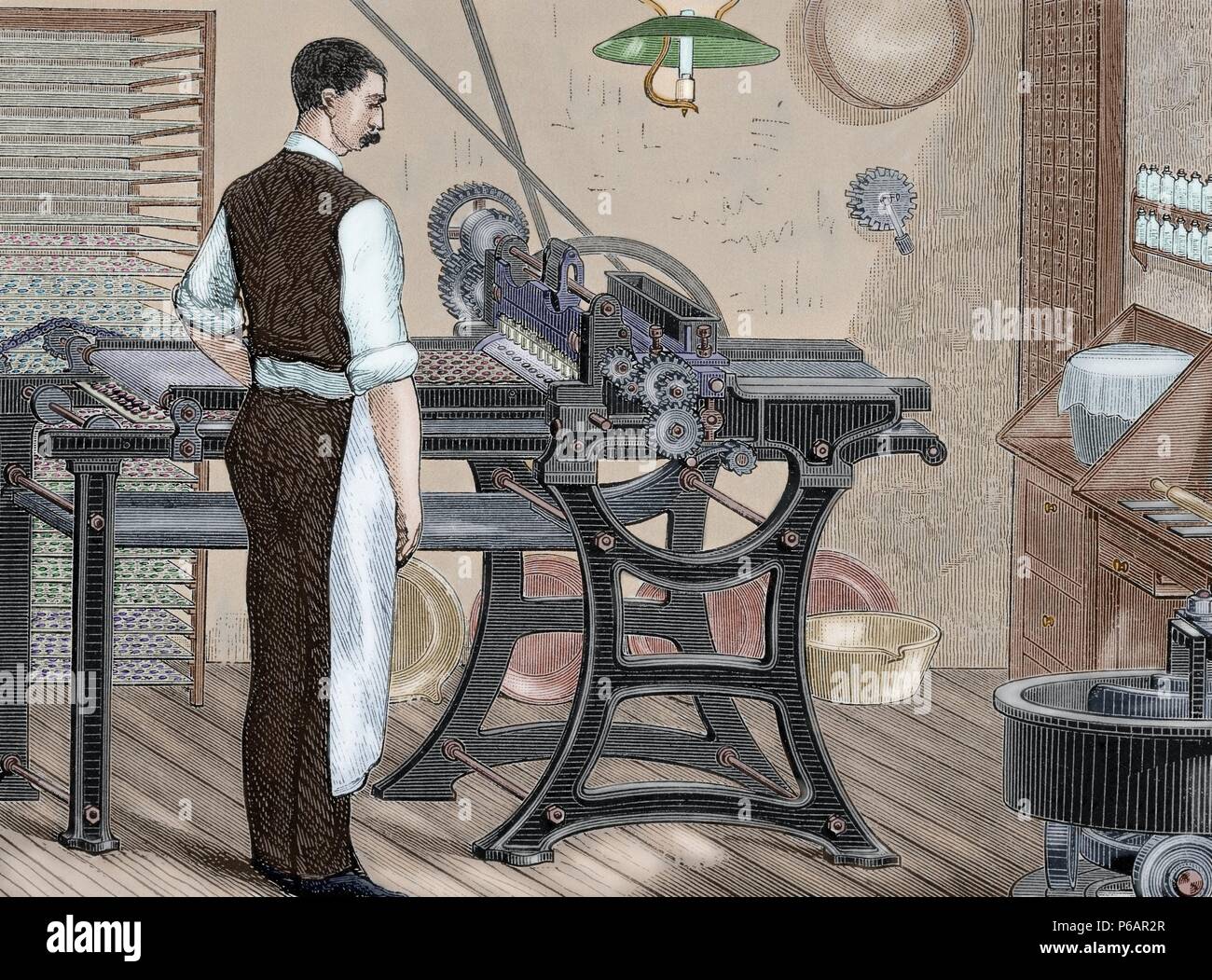 Histoire de la médecine. Des machines. Etuyage de pilules. La gravure. 19e siècle. De couleur. Banque D'Images