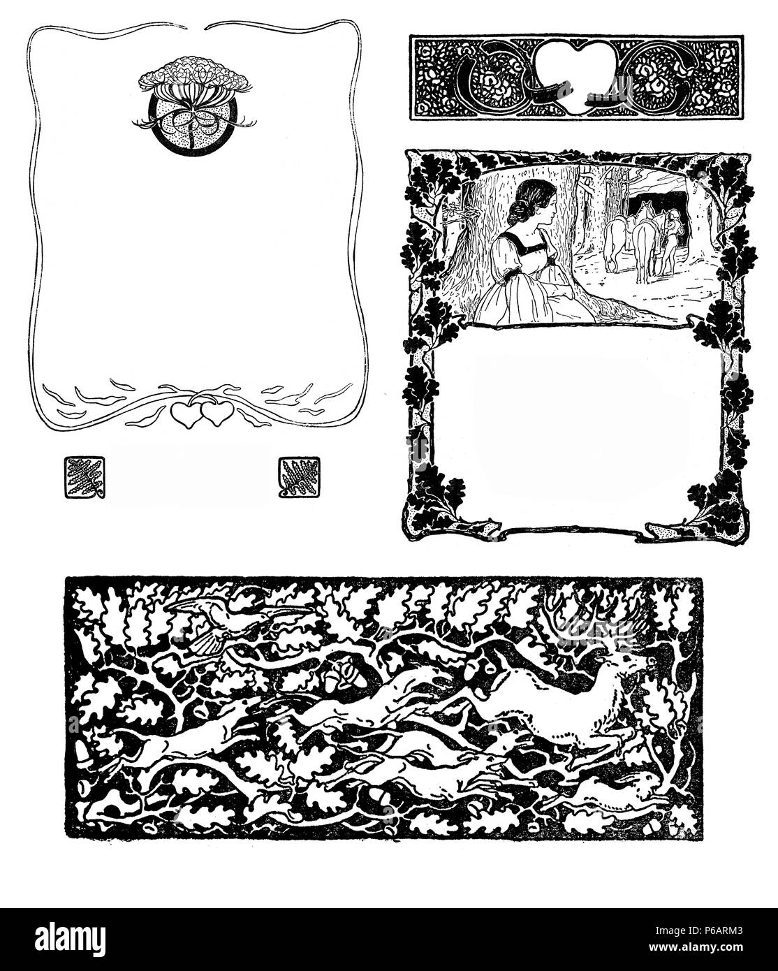 Des éléments art déco décoration typographique début '900 : images floral stylisé et frontières avec chiffres romantique, cœurs, de la faune et de la chasse en tant que chapitre décorations, vignettes et templates Banque D'Images