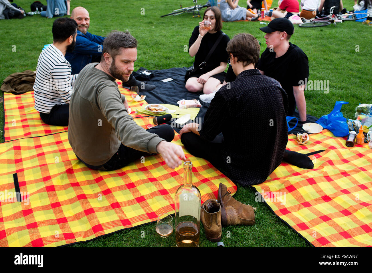 Londres. Hackney. Champs de Londres. Des barbecues et des pique-niques. Un groupe de jeunes gens, assis sur des couvertures colorées ; boire du vin d'une bouteille de taille moyenne Banque D'Images